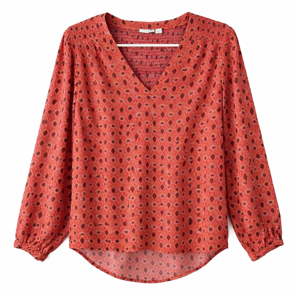 Hinge Orange Peasant Top Size S Smocked Back Boho Hippie India Festival Country